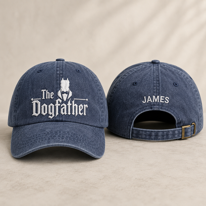 Front and back view of a navy washed baseball cap with The Dogfather embroidery and custom name text.