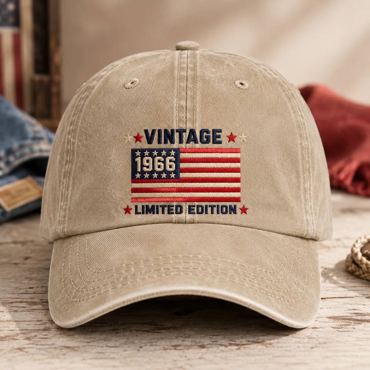 Custom Vintage Birth Year American Flag Washed Cap - washed cap - side view