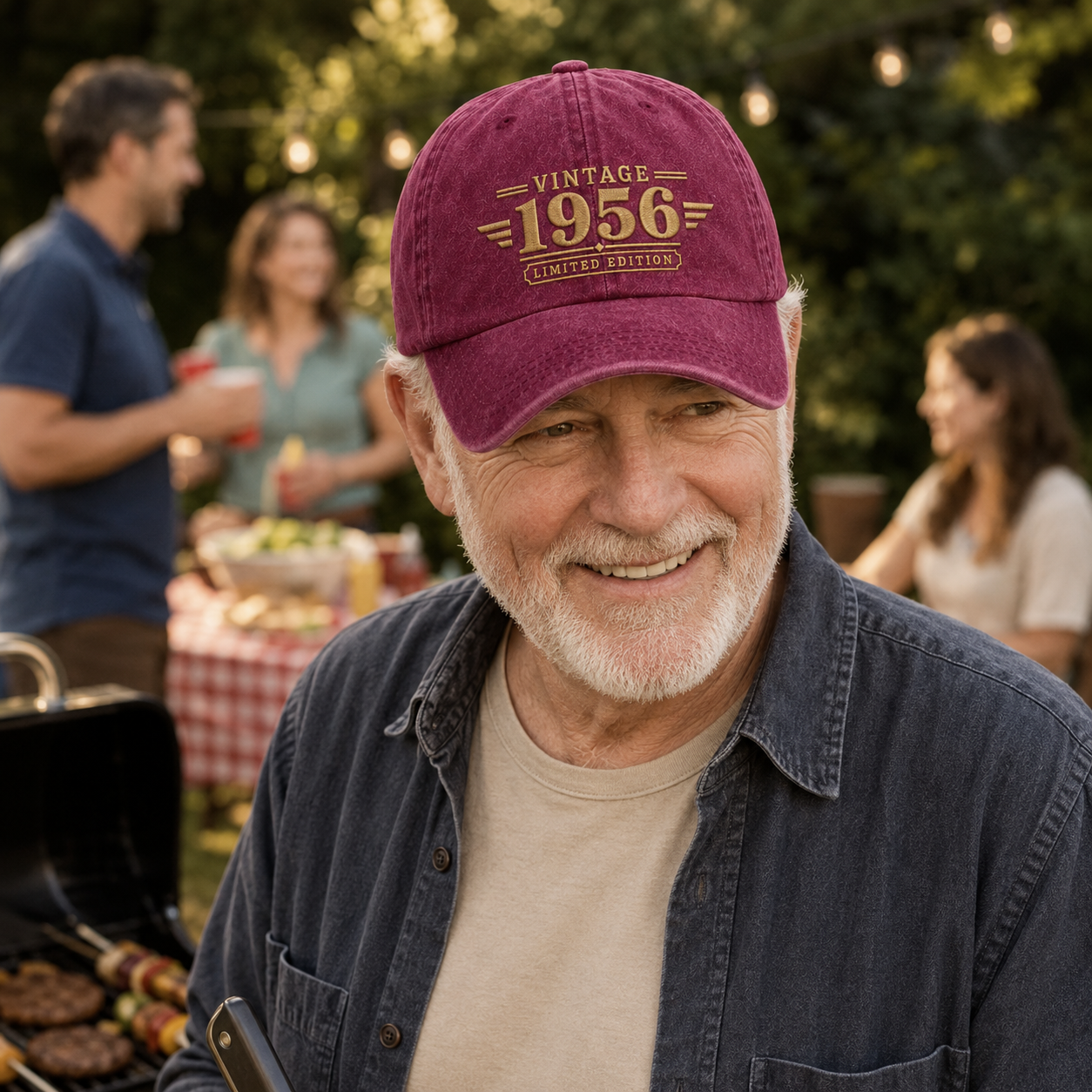 Man at a BBQ wearing a maroon washed cap with custom embroidered birth year design