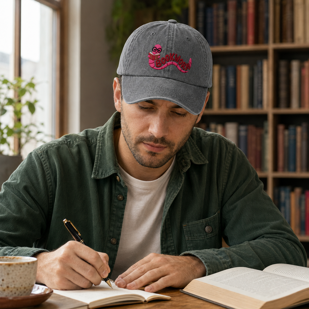 Man writing in a notebook at a library table wearing a grey washed baseball cap with an embroidered pink cartoon bookworm design