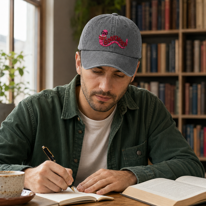 Man writing in a notebook at a library table wearing a grey washed baseball cap with an embroidered pink cartoon bookworm design