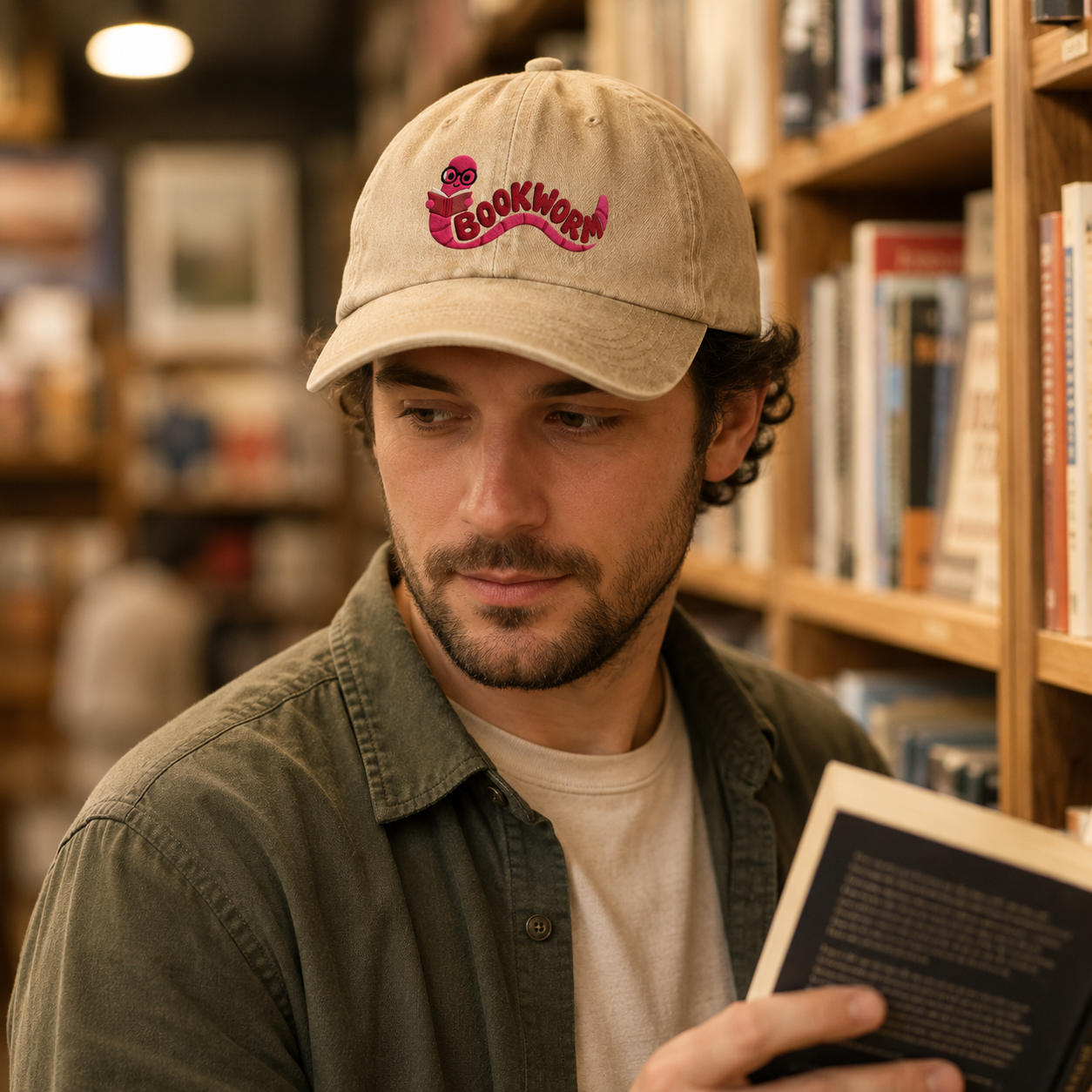 Man browsing a bookstore shelf wearing a sand washed baseball cap with an embroidered pink cartoon bookworm design