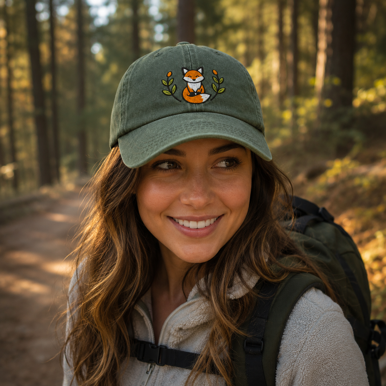Woman hiking in a forest wearing an army green washed baseball cap with embroidered sleeping fox artwork