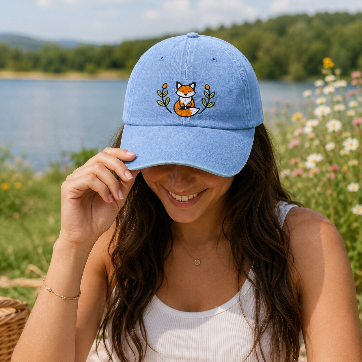 Woman by a lake wearing a light blue washed baseball cap with a cute embroidered sleeping fox design