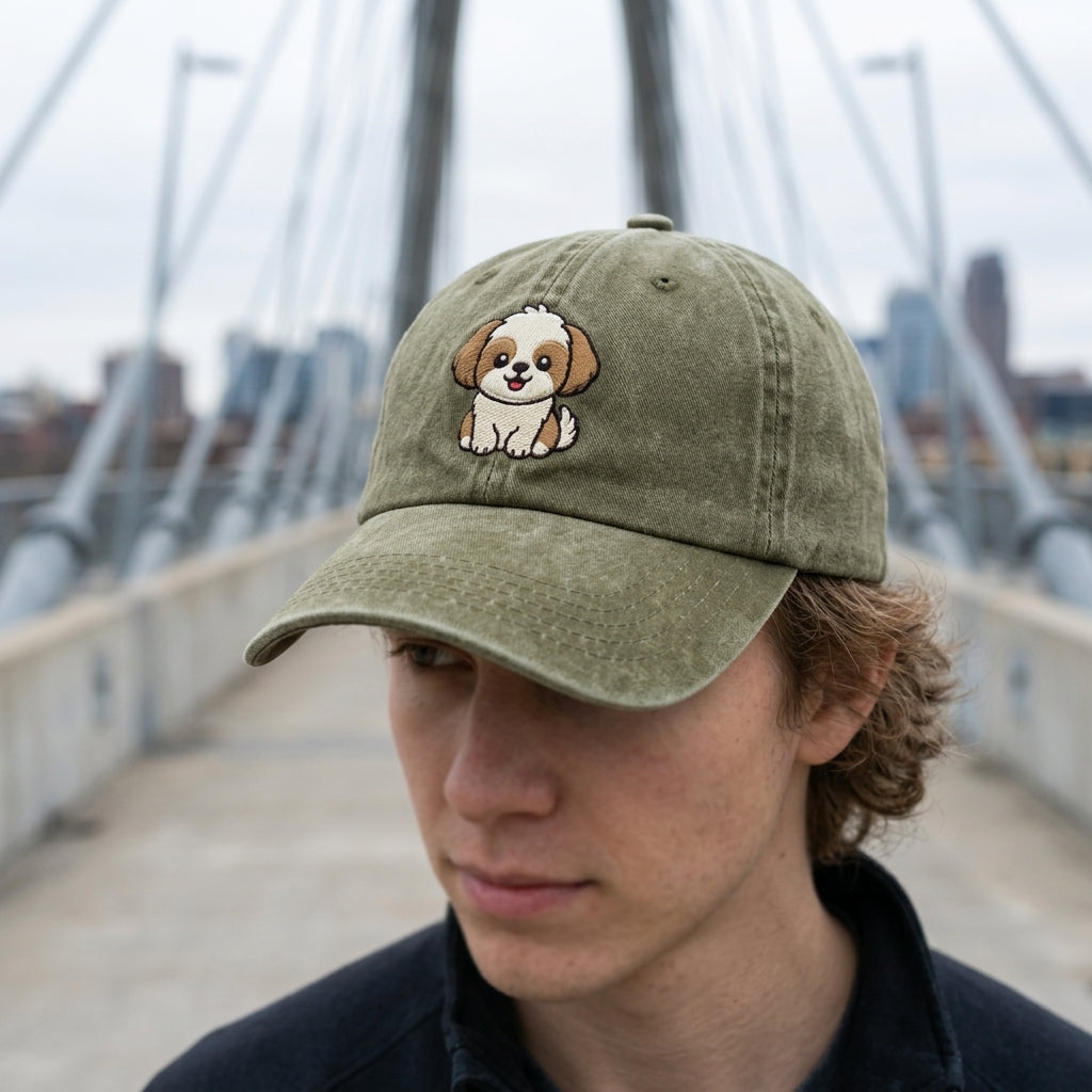 Person wearing a green cap with a dog illustration on a bridge