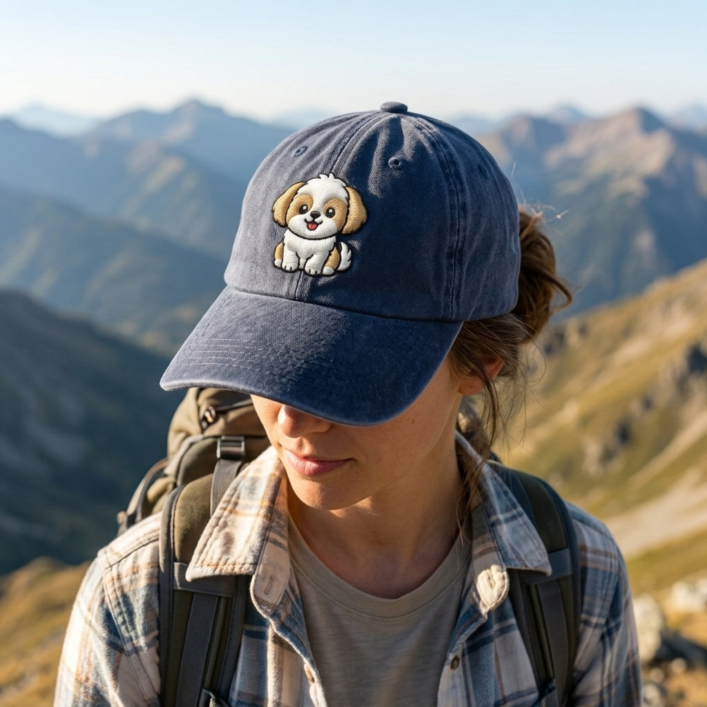 Person wearing a blue cap with a dog illustration in a mountainous landscape