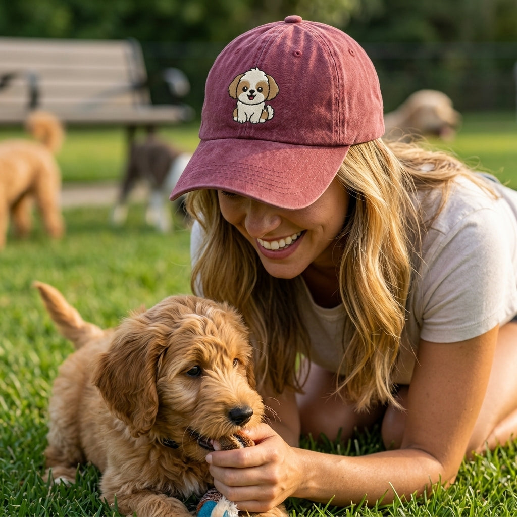 Woman wearing a maroon cap with a dog logo, interacting with a puppy in a park.