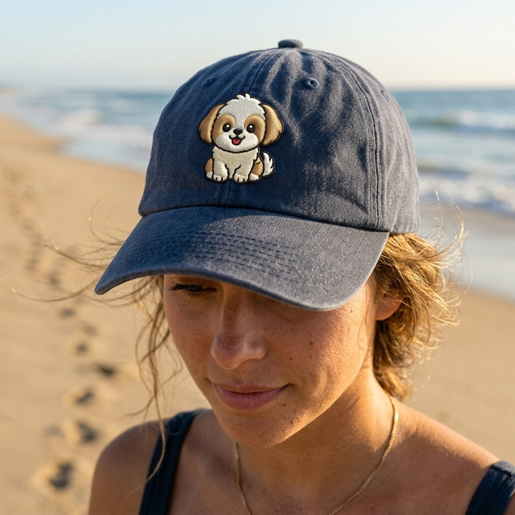 Person wearing a blue cap with a dog illustration on a beach