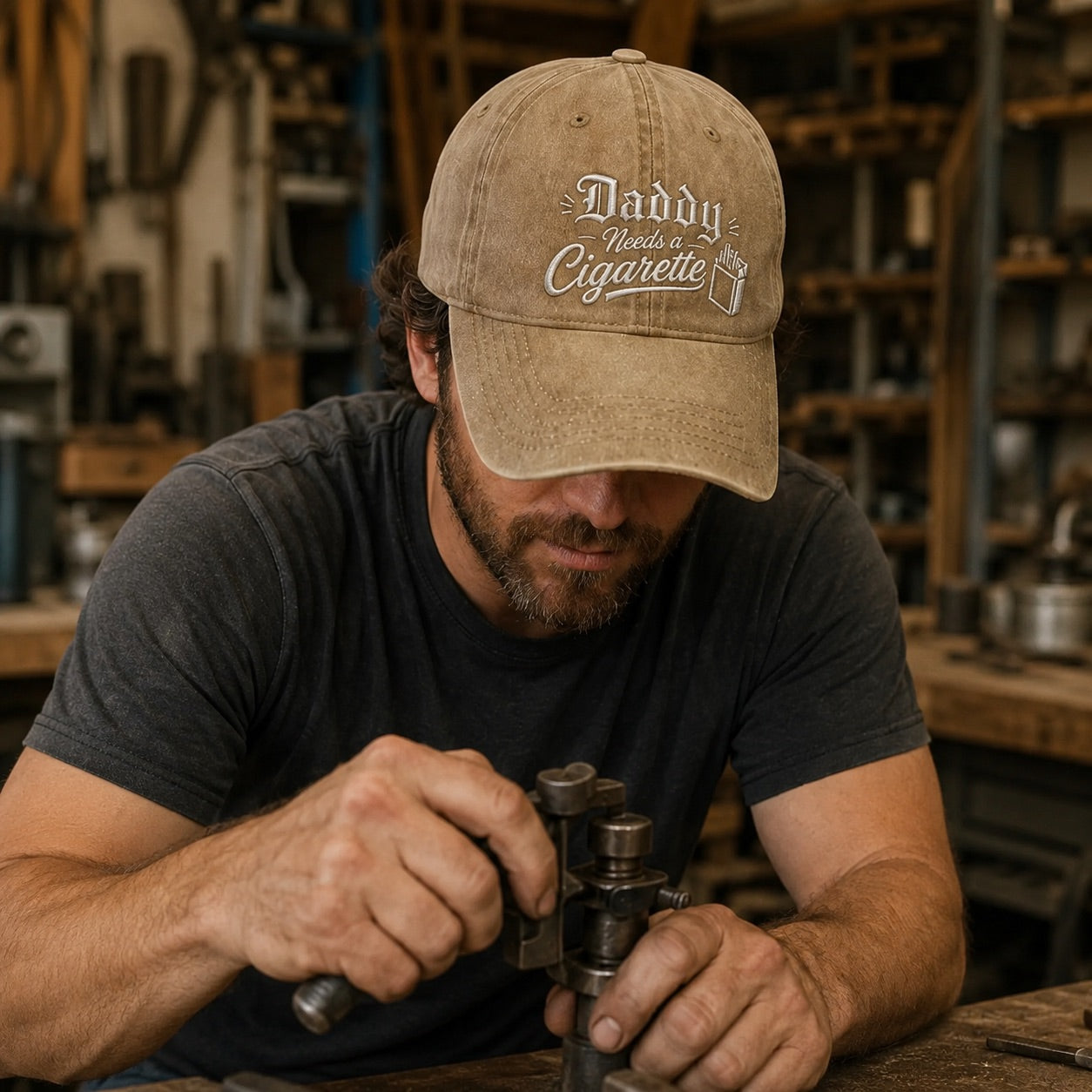 Man wearing a cap with 'Daddy Needs a Cigarette' text, working on a tool in a workshop.