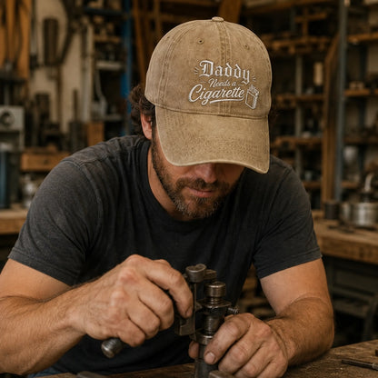 Man wearing a cap with 'Daddy Needs a Cigarette' text, working on a tool in a workshop.