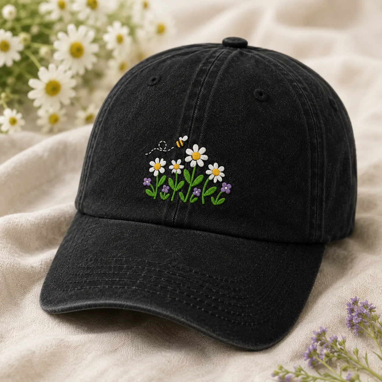 Daisy Bee Embroidered Washed Cap - washed cap - alternate angle