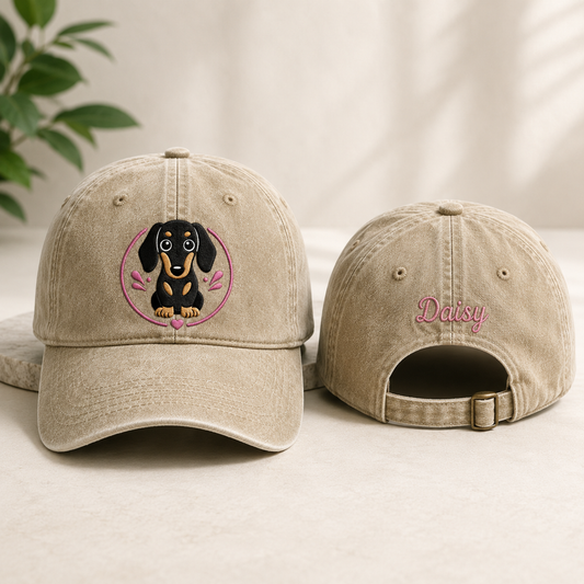 Daisy Dachshund Embroidered Washed Cap - Washed Cap - front view