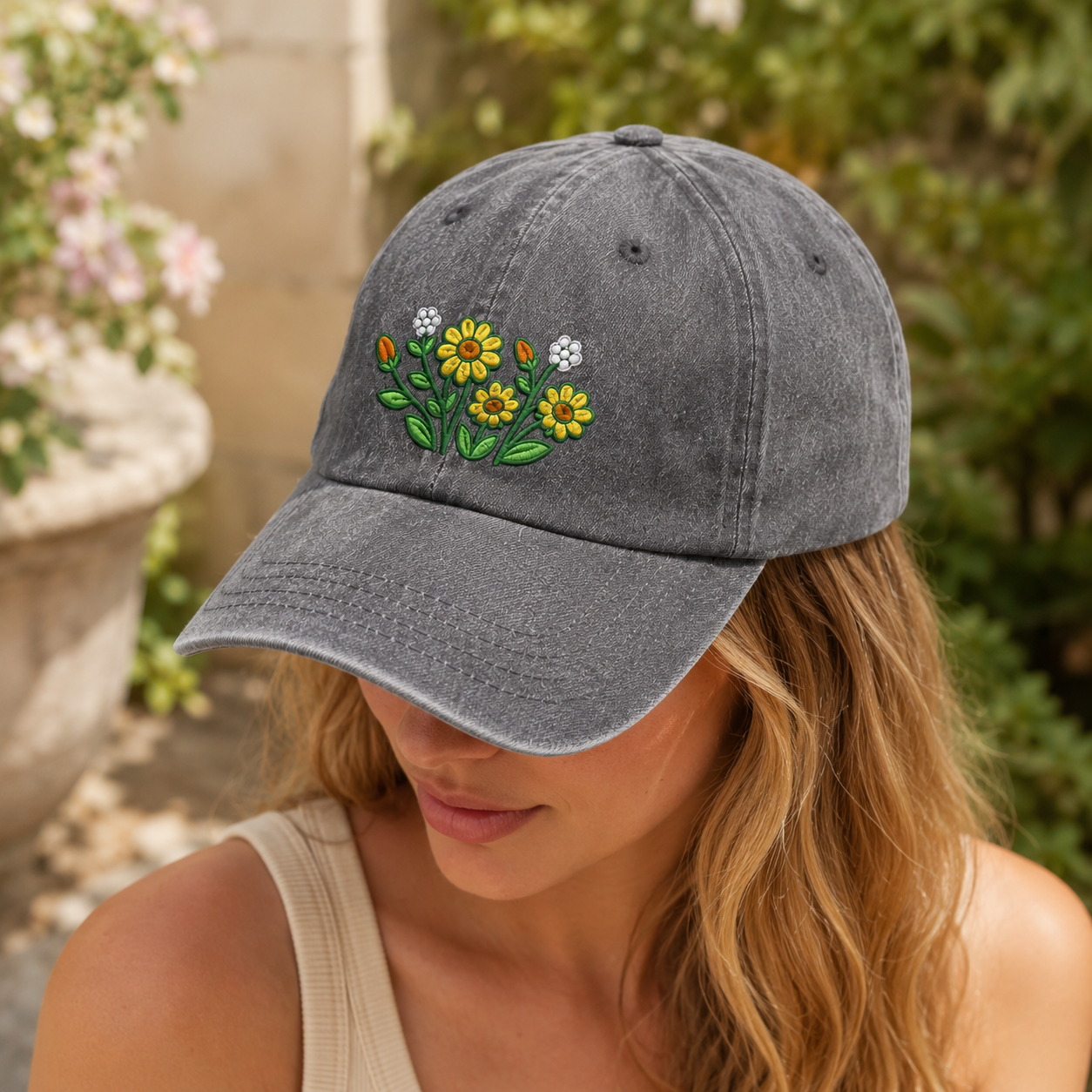 Woman outdoors wearing a grey washed baseball cap with embroidered daisy wildflower patch artwork