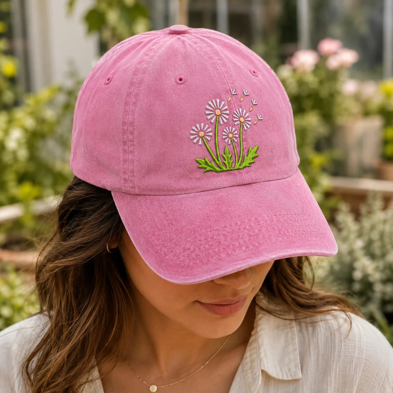 Dandelion Embroidered Washed Cap - washed cap - close up