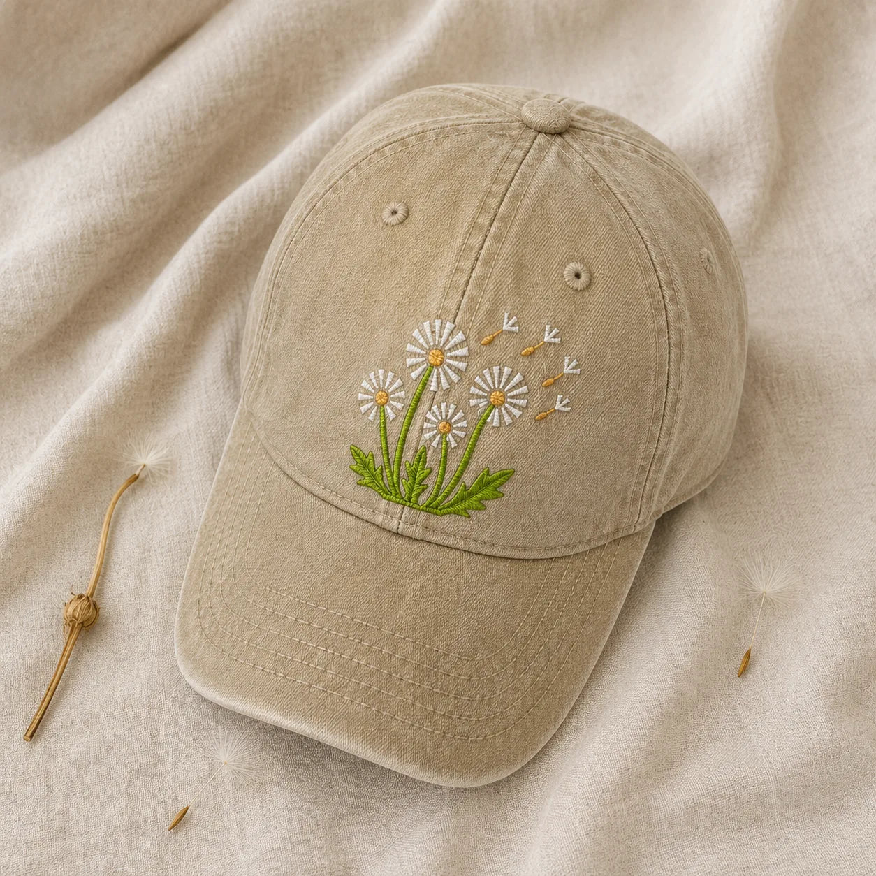 Dandelion Embroidered Washed Cap - washed cap - detail