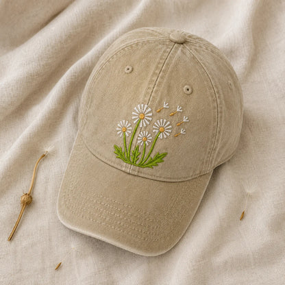 Dandelion Embroidered Washed Cap - washed cap - detail