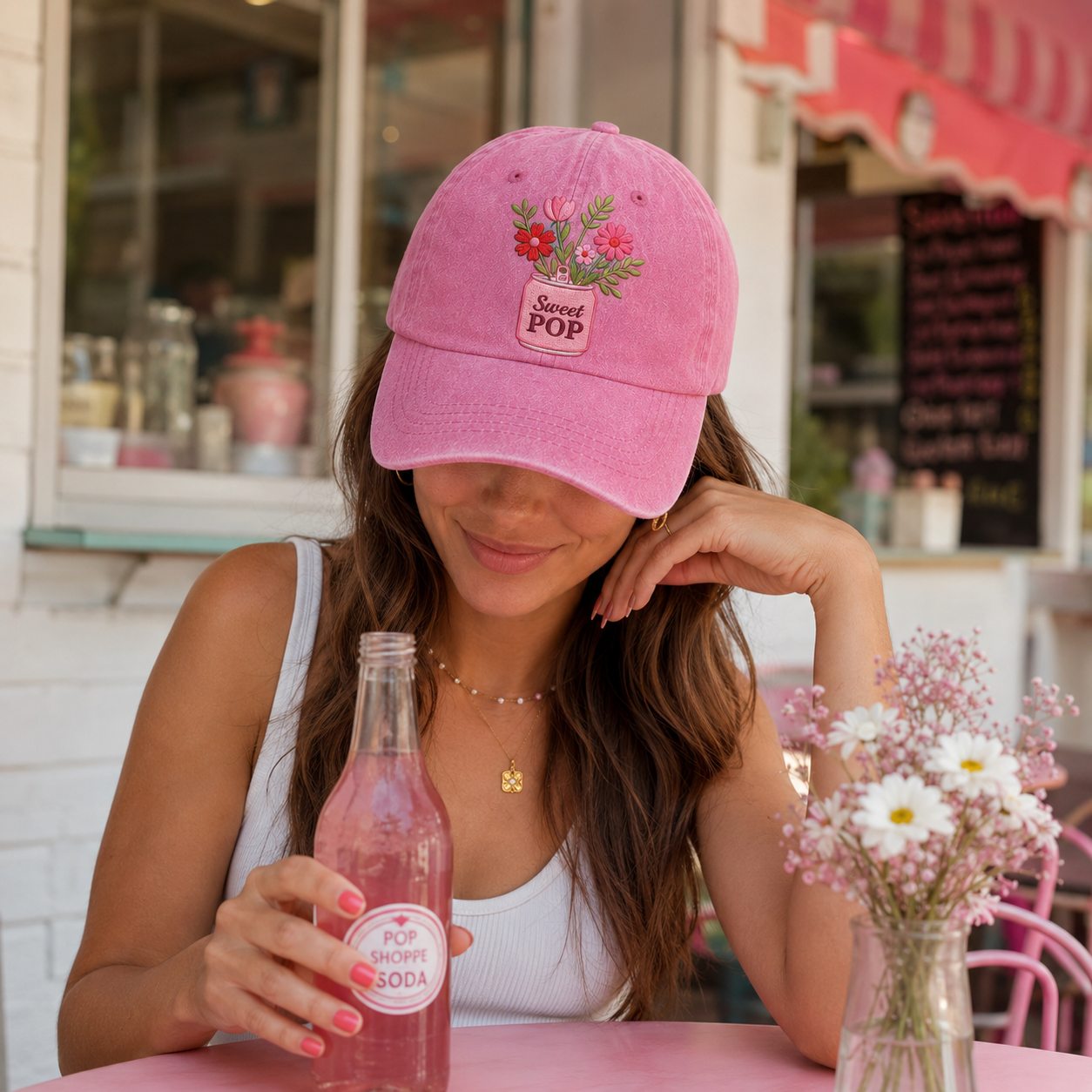 Woman wearing a pink cap with floral design and 'Sweet Pop' text, holding a pink soda bottle in an outdoor setting.