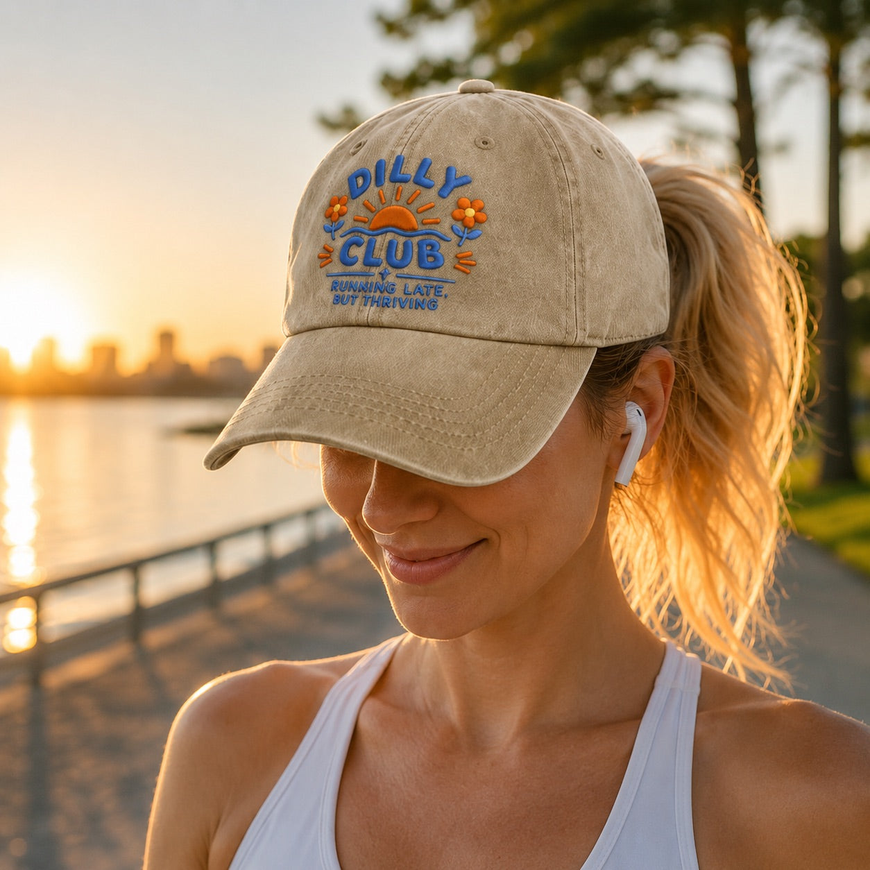 Woman wearing a beige cap with 'Dilly Club' logo by a waterfront at sunset