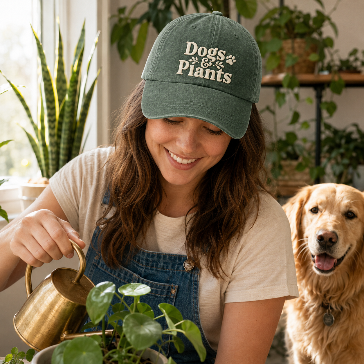 Dogs And Plants Embroidered Washed Cap - Washed Cap - side view