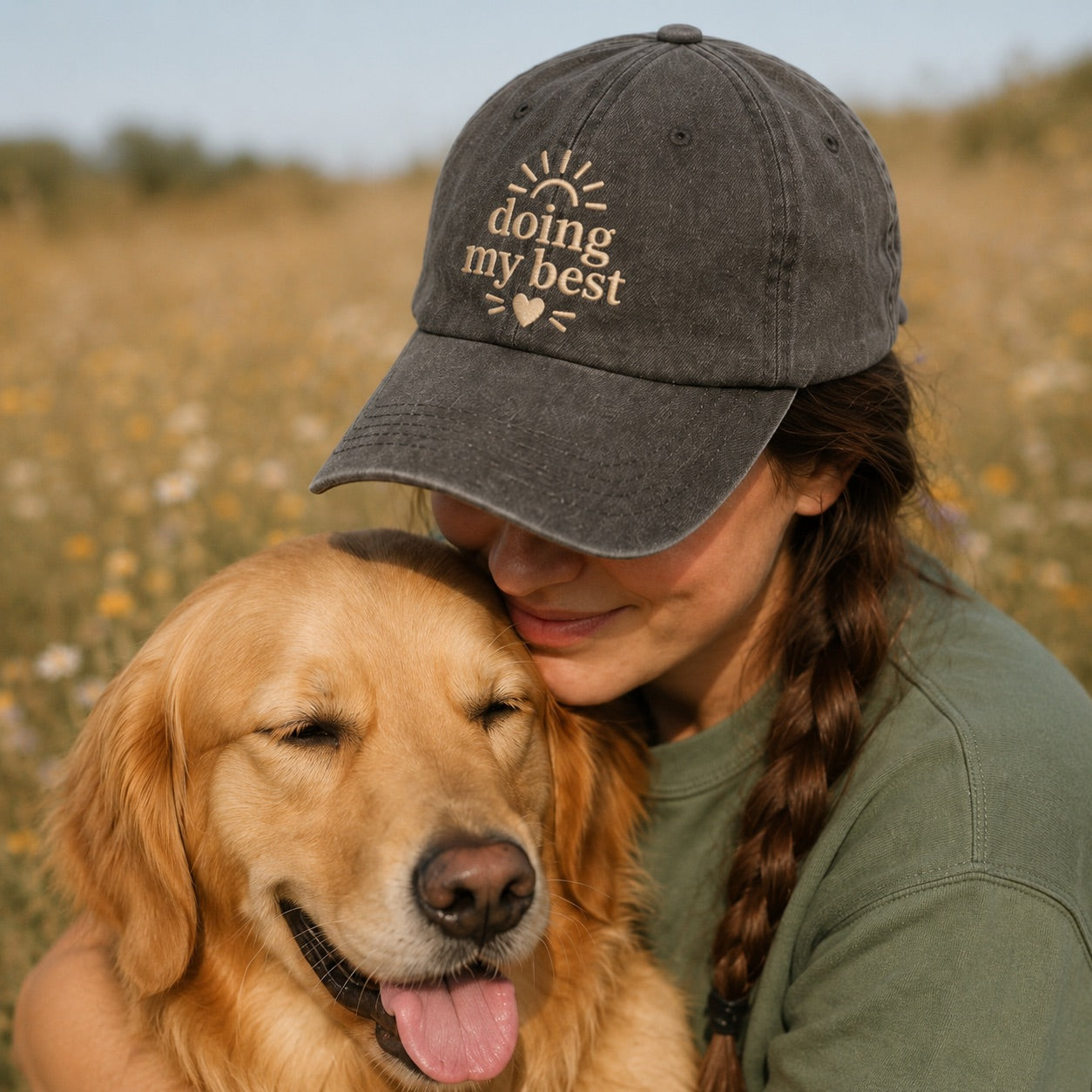 Woman wearing a cap with 'doing my best' text, hugging a golden dog in a field.
