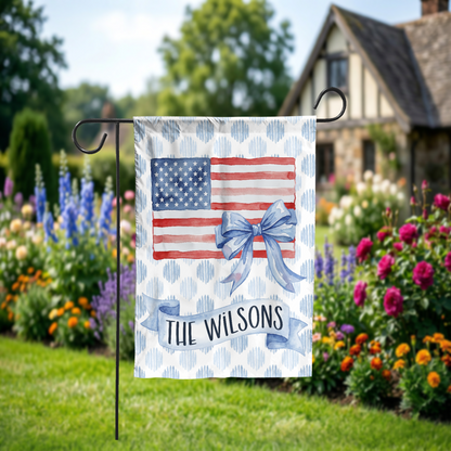 Personalized Patriotic Garden Flag, Watercolor American Flag with Bow, Custom Family Name House Flag, 4th of July Decor, Digital or Print - Garden Flag - alternate angle