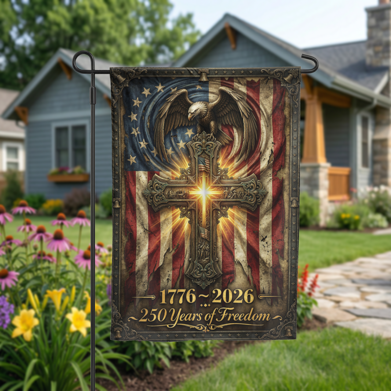 250 Years of Freedom Garden Flag, 1776-2026 Patriotic Cross & Eagle, Rustic American Flag Decor, Physical or - Garden Flag - front view