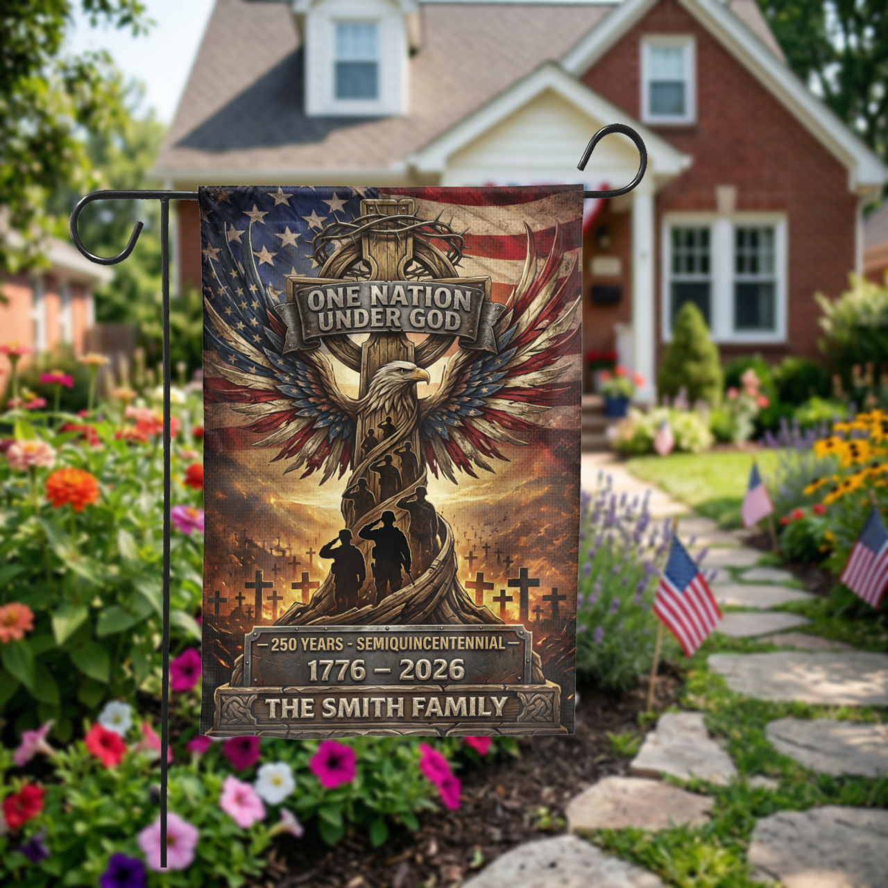 Personalized Patriotic Garden Flag, One Nation Under God, USA 250th Anniversary 1776-2026, Semiquincentennial Yard Decor - Garden Flag - front view