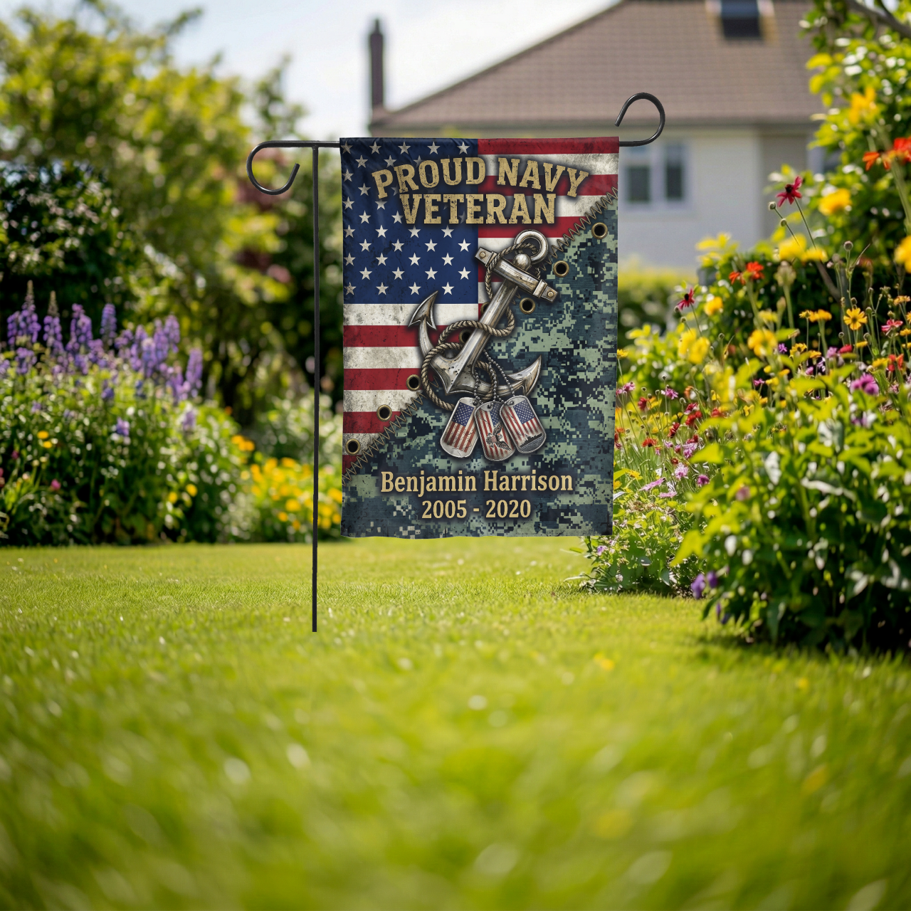 Personalized Navy Veteran Garden Flag, Custom Name & Service Years, American Flag Anchor Dog Tags Design, Military Gift for Him, Outdoor Dec - Garden Flag - lifestyle shot