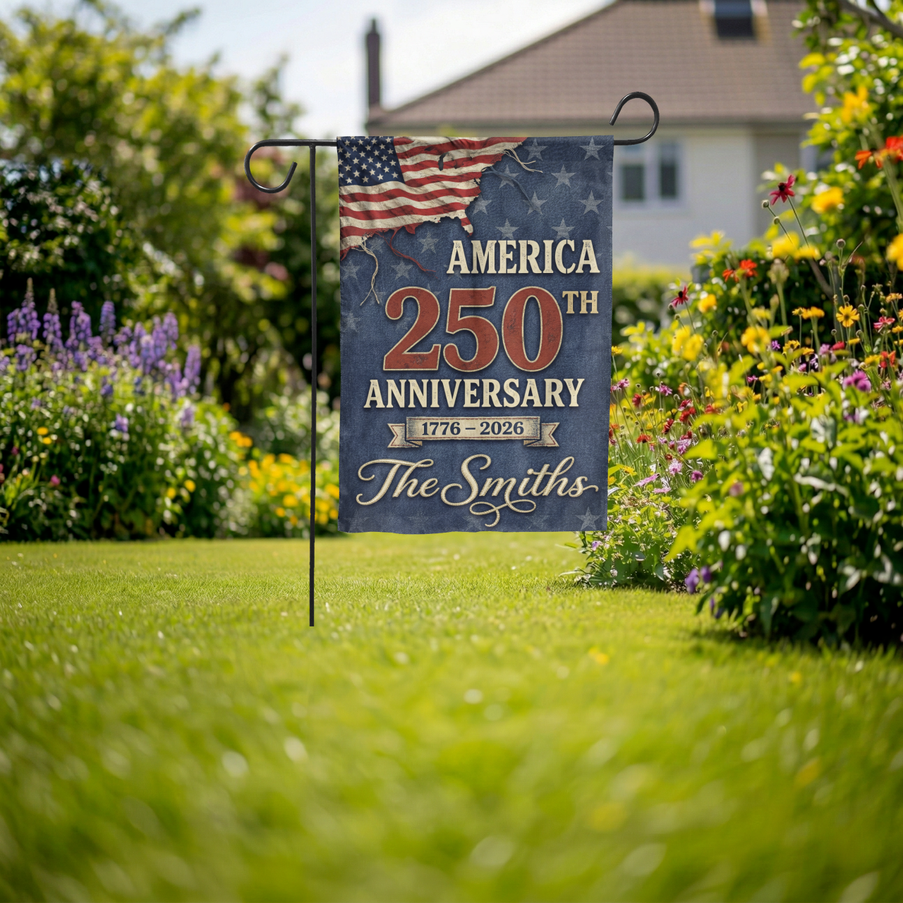 Personalized America 250th Anniversary Garden Flag, 1776-2026 Patriotic Decor, Vintage USA Semiquincentennial Yard Sign, Custom Family Name - Garden Flag - lifestyle shot