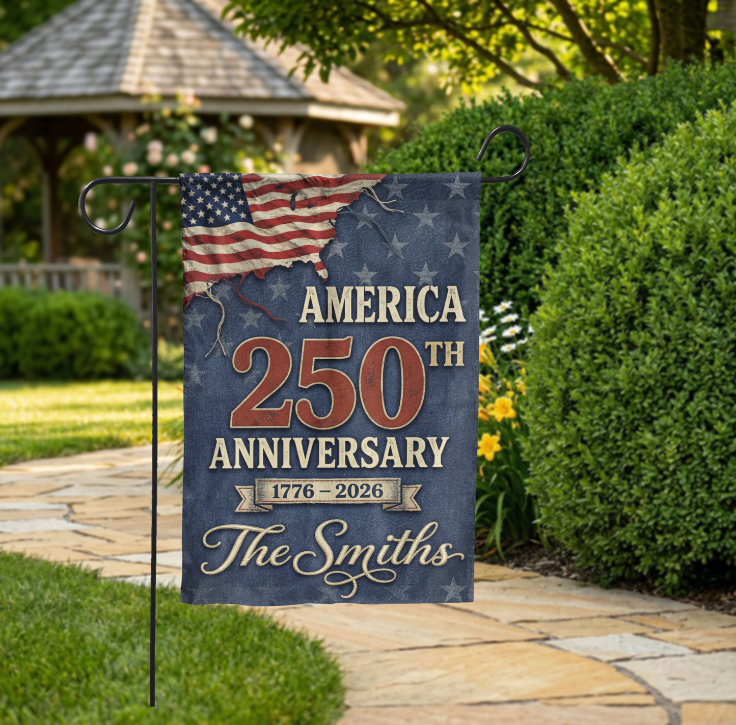 Personalized America 250th Anniversary Garden Flag, 1776-2026 Patriotic Decor, Vintage USA Semiquincentennial Yard Sign, Custom Family Name - 28"x40" - Garden Flag