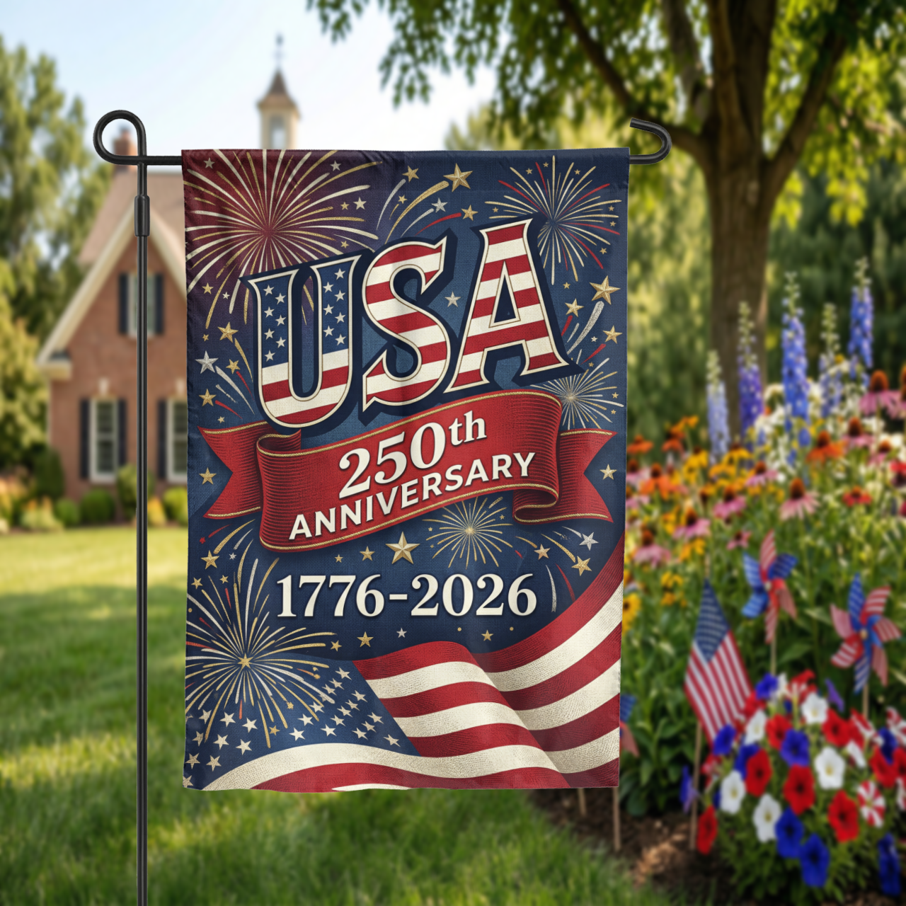 USA 250th Anniversary Garden Flag, 1776-2026 Patriotic Outdoor Decor, American Semiquincentennial Yard Banner, Fireworks & Flag Design - Garden Flag - alternate angle