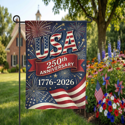 USA 250th Anniversary Garden Flag, 1776-2026 Patriotic Outdoor Decor, American Semiquincentennial Yard Banner, Fireworks & Flag Design - Garden Flag - alternate angle