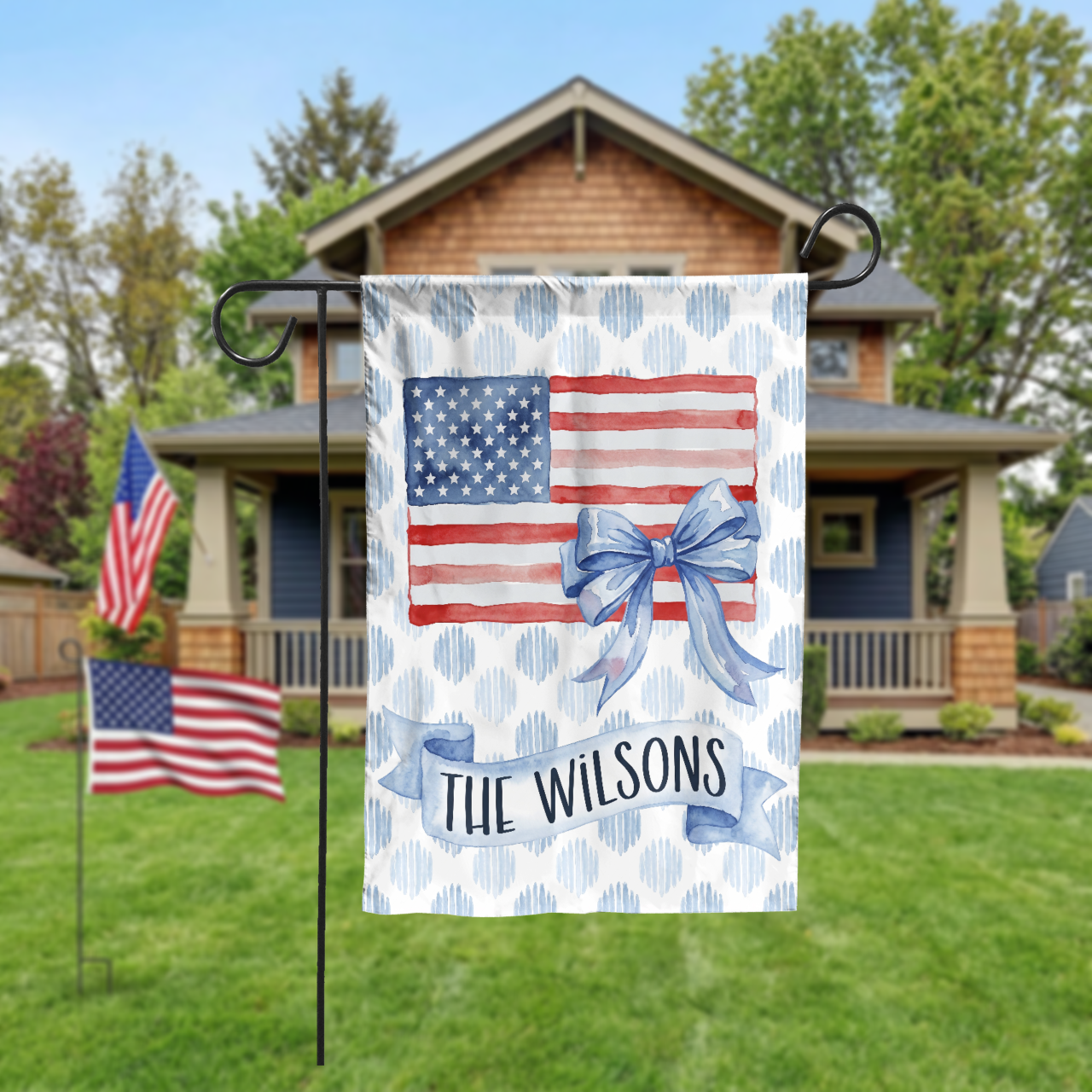 Personalized Patriotic Garden Flag, Watercolor American Flag with Bow, Custom Family Name House Flag, 4th of July Decor, Digital or Print - Garden Flag - close-up
