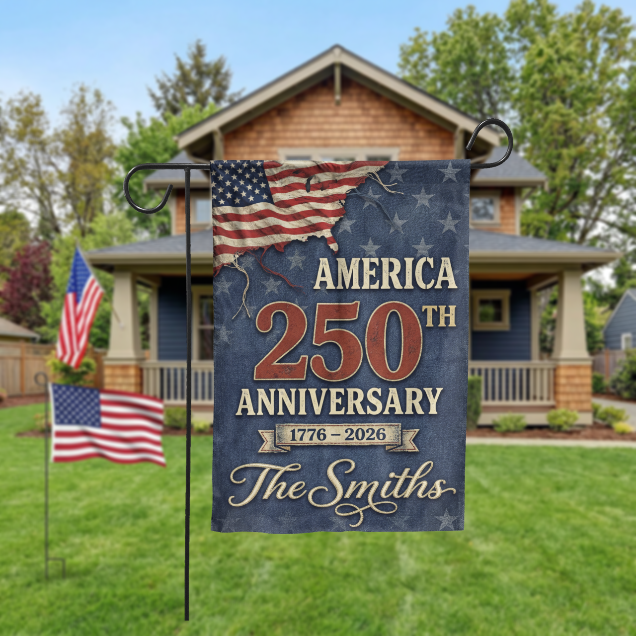 Personalized America 250th Anniversary Garden Flag, 1776-2026 Patriotic Decor, Vintage USA Semiquincentennial Yard Sign, Custom Family Name - Garden Flag - close-up