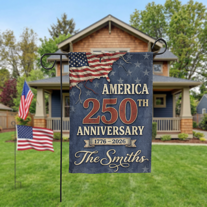Personalized America 250th Anniversary Garden Flag, 1776-2026 Patriotic Decor, Vintage USA Semiquincentennial Yard Sign, Custom Family Name - Garden Flag - close-up