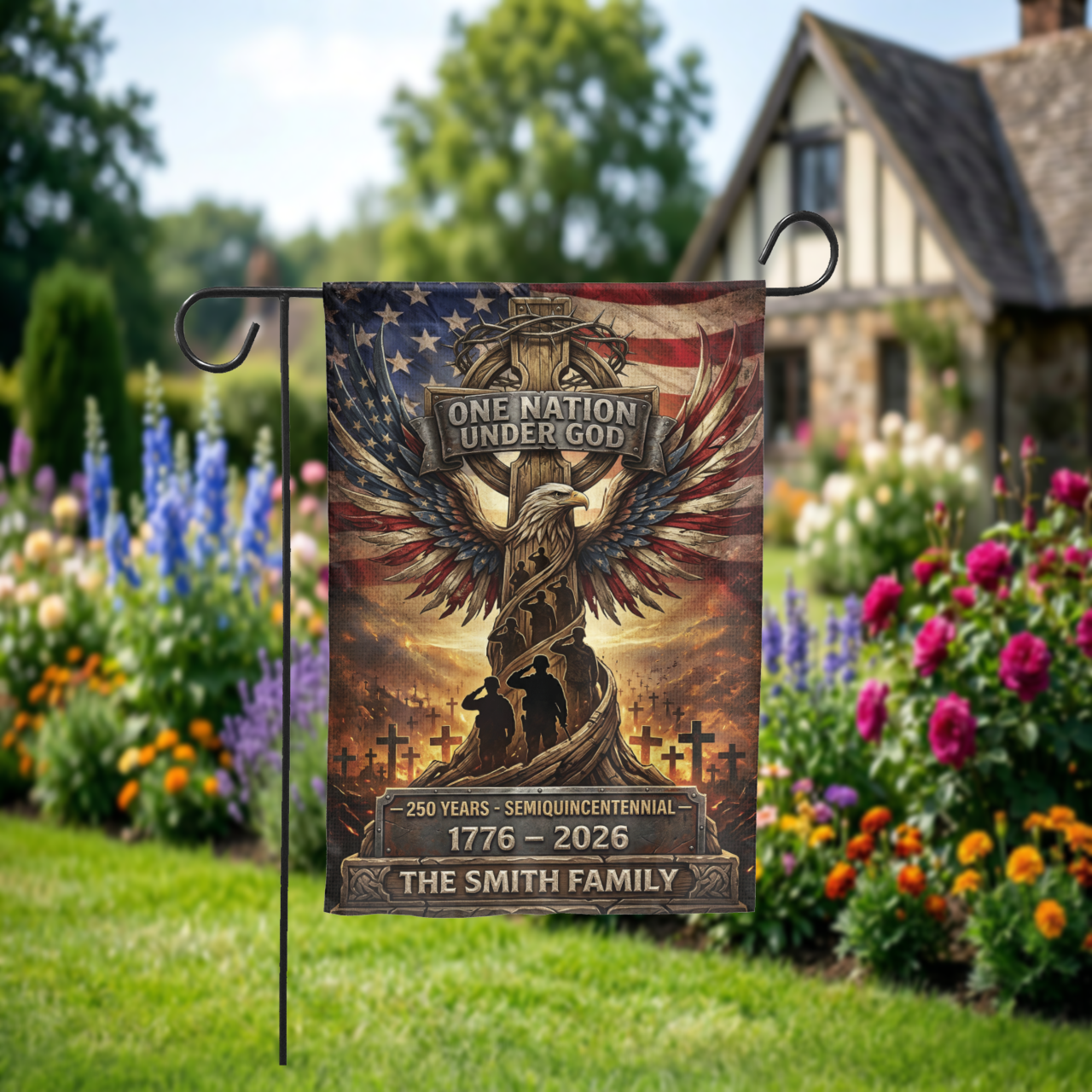Personalized Patriotic Garden Flag, One Nation Under God, USA 250th Anniversary 1776-2026, Semiquincentennial Yard Decor - Garden Flag - alternate angle