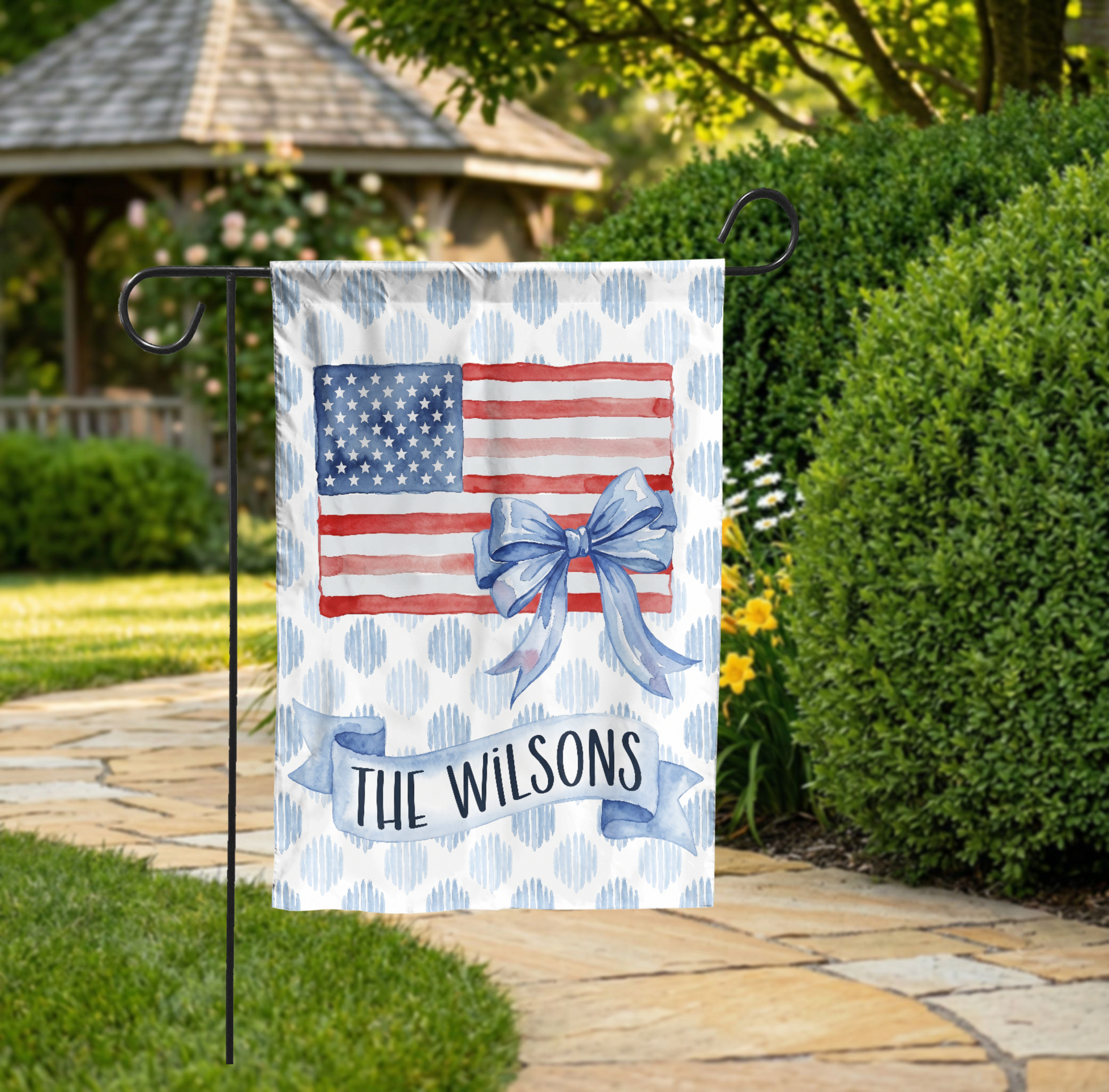 Personalized Patriotic Garden Flag, Watercolor American Flag with Bow, Custom Family Name House Flag, 4th of July Decor, Digital or Print - 28"x40" - Garden Flag