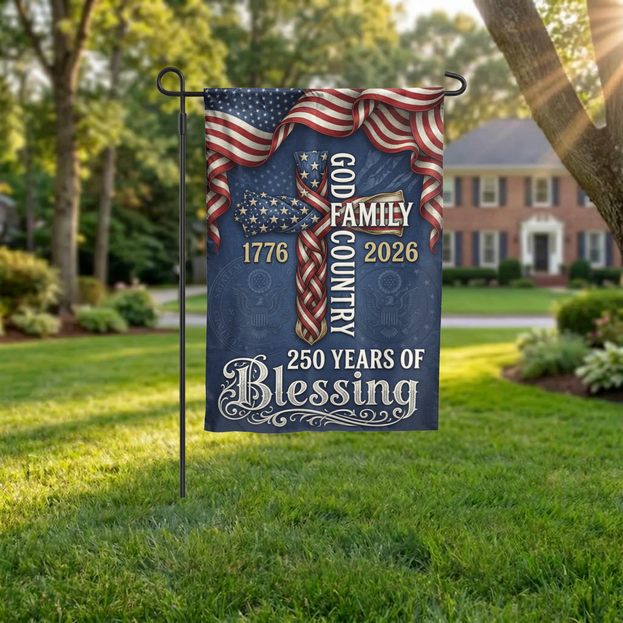 God Family Country Garden Flag, 1776-2026 USA 250th Anniversary, Patriotic Cross Yard Decor, Semiquincentennial Gift - Garden Flag - lifestyle shot