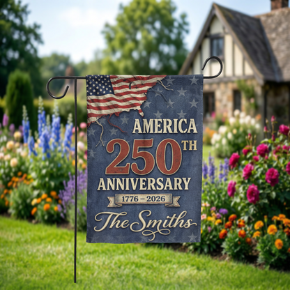 Personalized America 250th Anniversary Garden Flag, 1776-2026 Patriotic Decor, Vintage USA Semiquincentennial Yard Sign, Custom Family Name - Garden Flag - alternate angle
