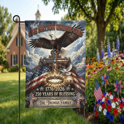 Personalized Patriotic Christian Garden Flag, One Nation Under God Eagle Cross, 250th Anniversary 1776-2026 - Garden Flag - packaging