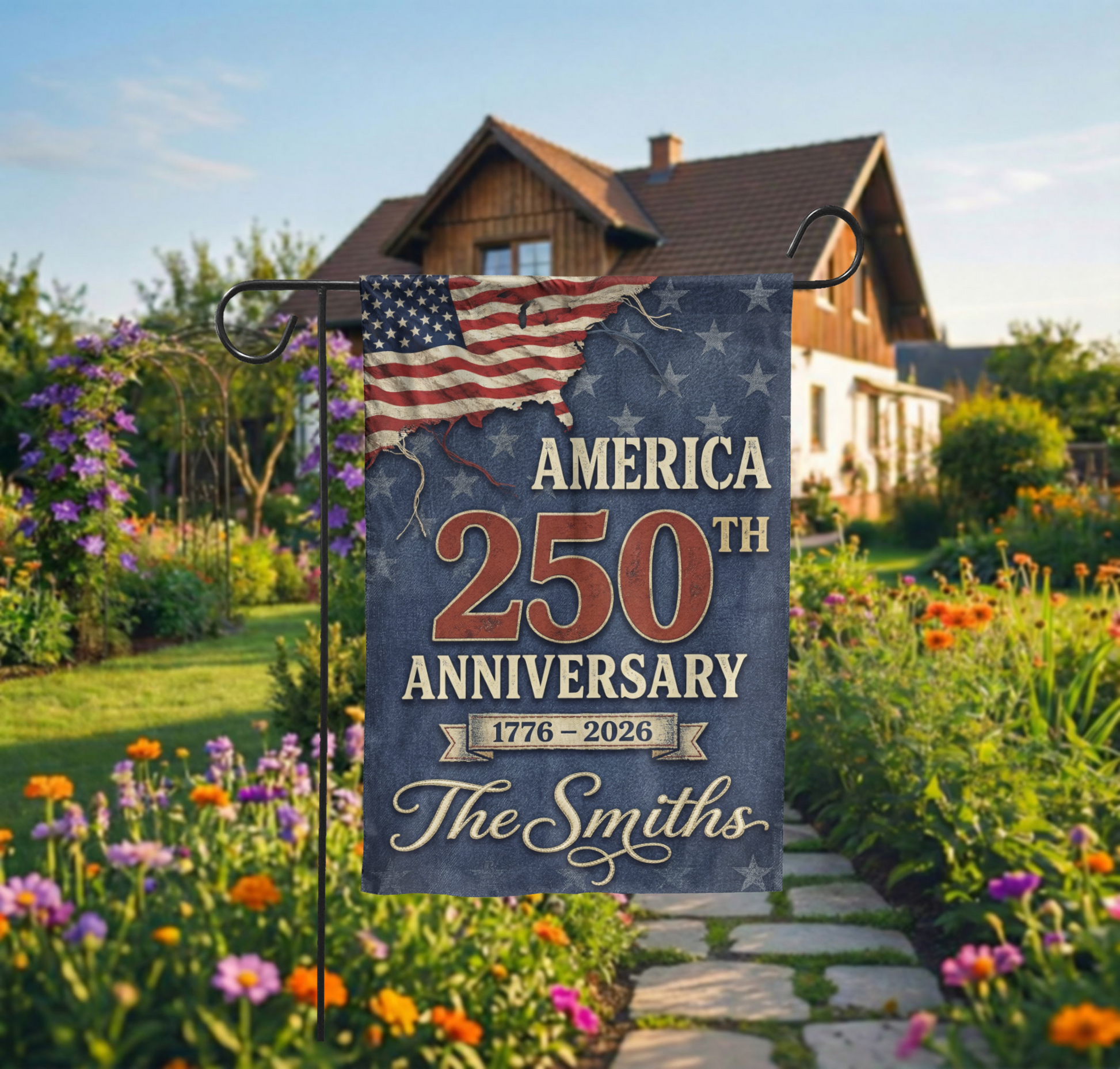Personalized America 250th Anniversary Garden Flag, 1776-2026 Patriotic Decor, Vintage USA Semiquincentennial Yard Sign, Custom Family Name - 12"x18" - Garden Flag