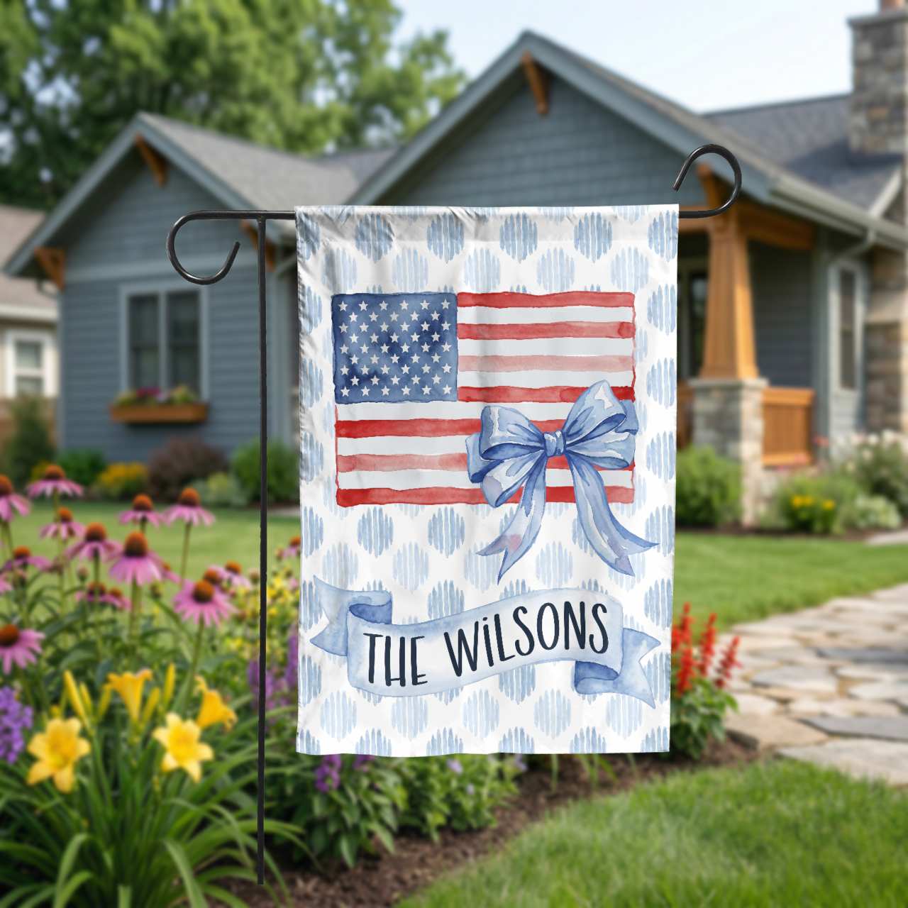 Personalized Patriotic Garden Flag, Watercolor American Flag with Bow, Custom Family Name House Flag, 4th of July Decor, Digital or Print - Garden Flag - detail view