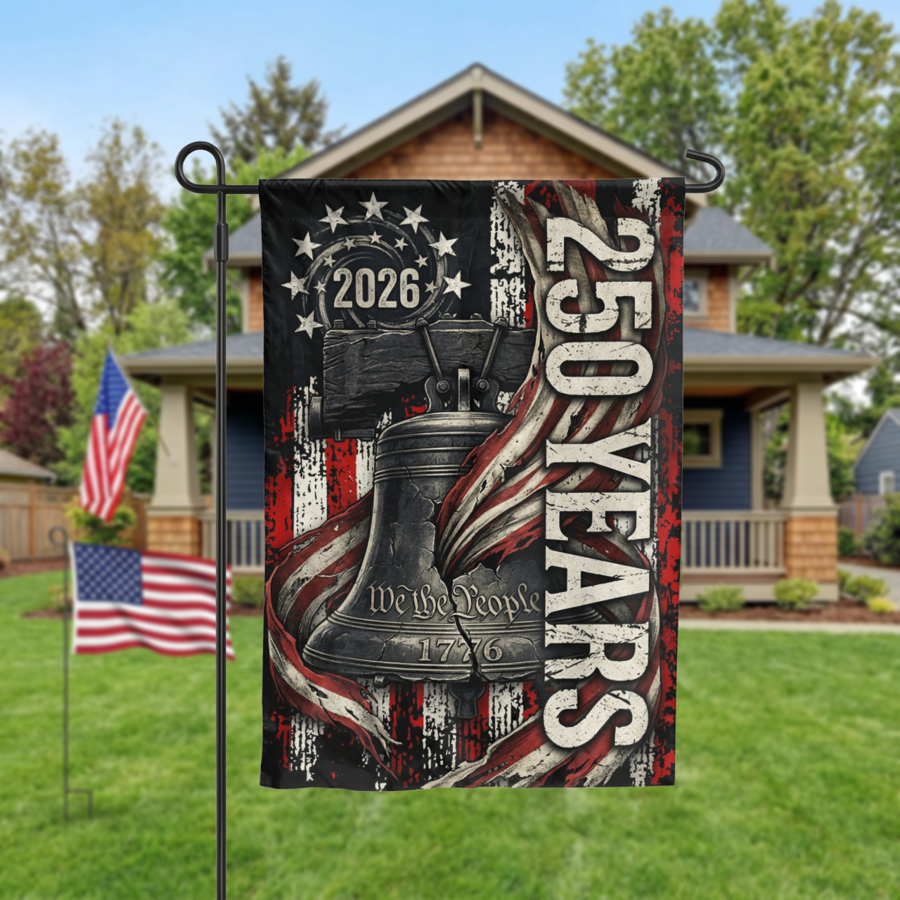 USA 250th Anniversary Garden Flag, 2026 Patriotic Yard Decor, Rustic Liberty Bell 1776 Design, America 250 Outdoor Sign, Digital or Print - Garden Flag - close-up