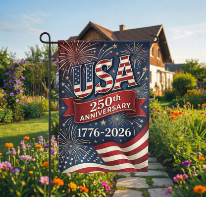USA 250th Anniversary Garden Flag, 1776-2026 Patriotic Outdoor Decor, American Semiquincentennial Yard Banner, Fireworks & Flag Design - Garden Flag - packaging
