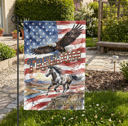Patriotic Garden Flag, Freedom Eagle & Horse, 1776-2026 American Semiquincentennial Decor, Watercolor Yard Art, Physical or Digital File - Garden Flag - close-up