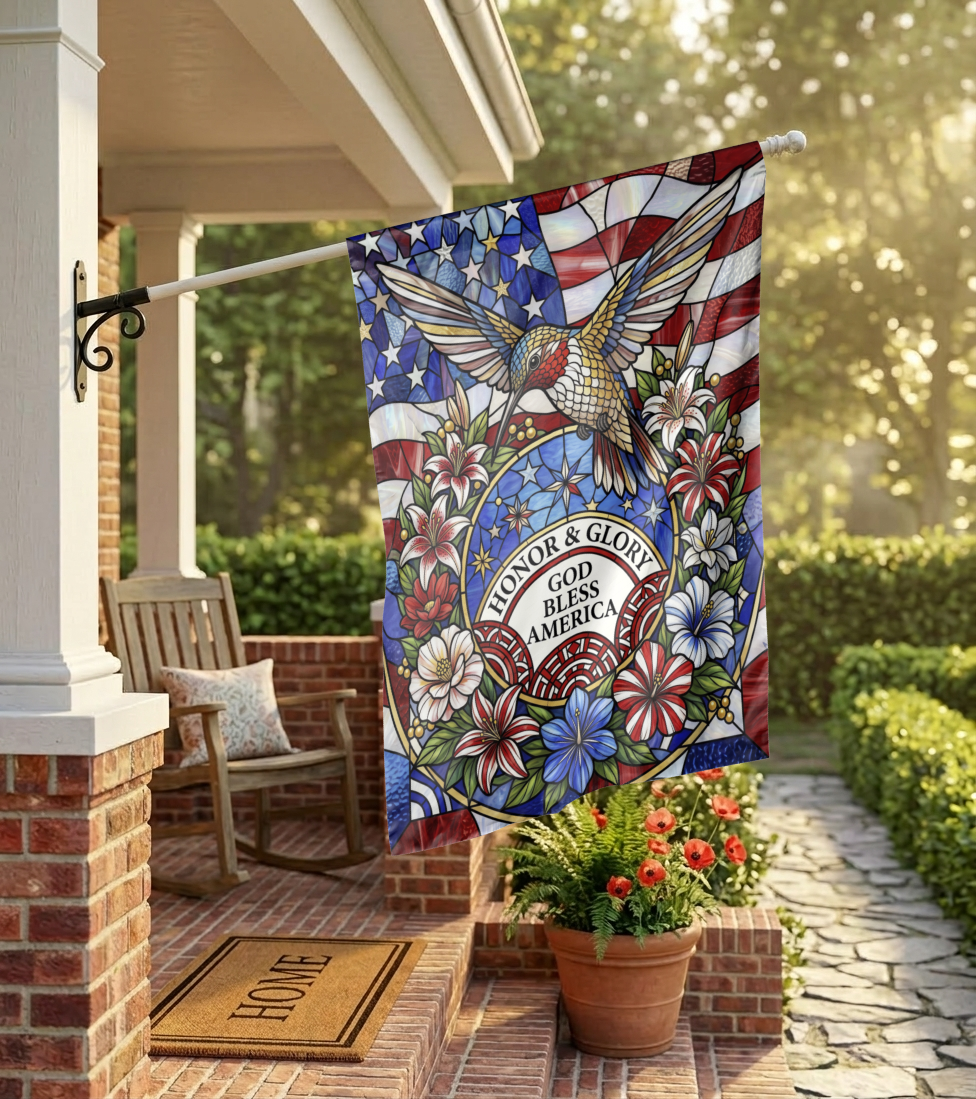 Stained Glass Patriotic Garden Flag, Hummingbird God Bless America House Flag, 4th of July Outdoor Decor, Memorial Day Gift, Digital Option - 28"x40" - Garden Flag