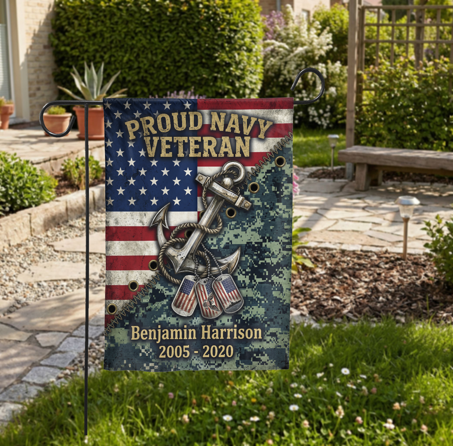 Personalized Navy Veteran Garden Flag, Custom Name & Service Years, American Flag Anchor Dog Tags Design, Military Gift for Him, Outdoor Dec - Garden Flag - close-up