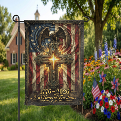 250 Years of Freedom Garden Flag, 1776-2026 Patriotic Cross & Eagle, Rustic American Flag Decor, Physical or - Garden Flag - alternate angle