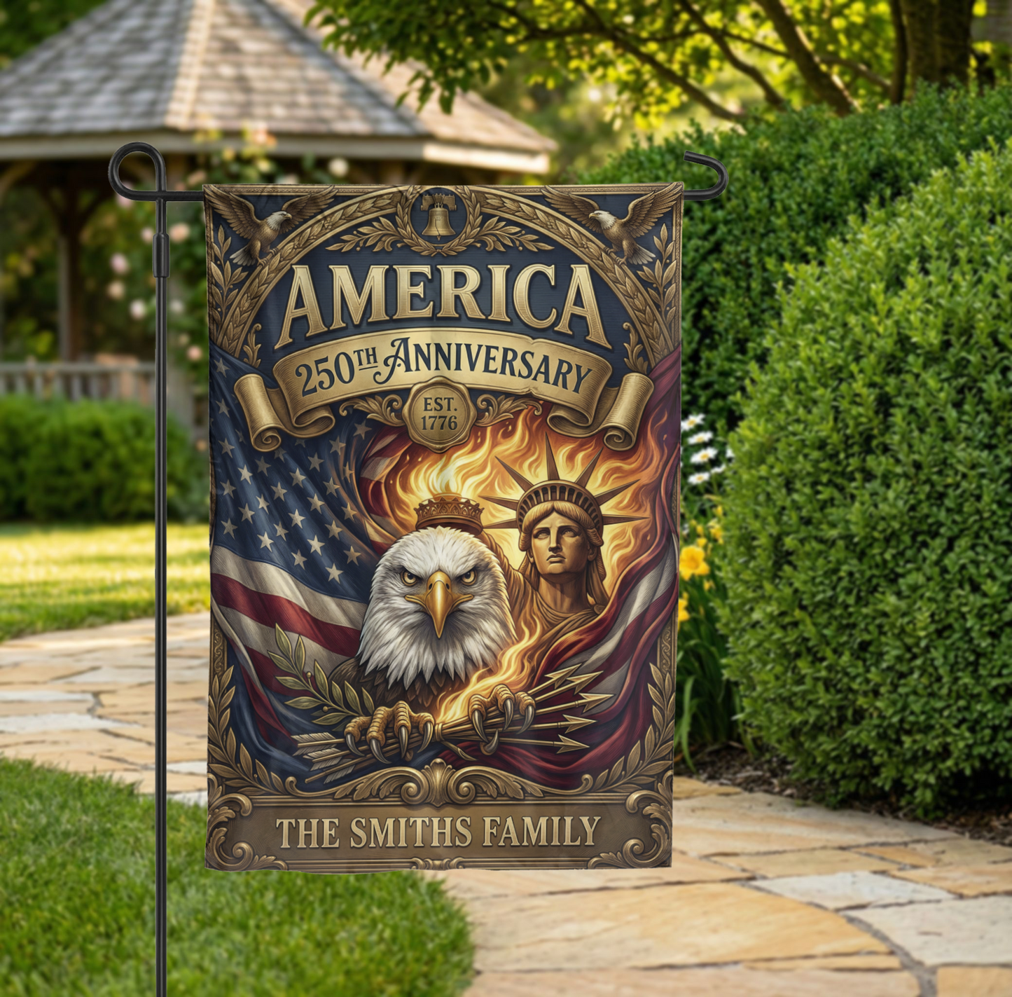 Personalized America 250th Anniversary Garden Flag, Vintage Patriotic Yard Decor, Eagle & Statue of Liberty, Physical or - 28"x40" - Garden Flag