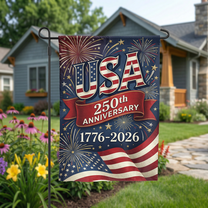 USA 250th Anniversary Garden Flag, 1776-2026 Patriotic Outdoor Decor, American Semiquincentennial Yard Banner, Fireworks & Flag Design - Garden Flag - front view